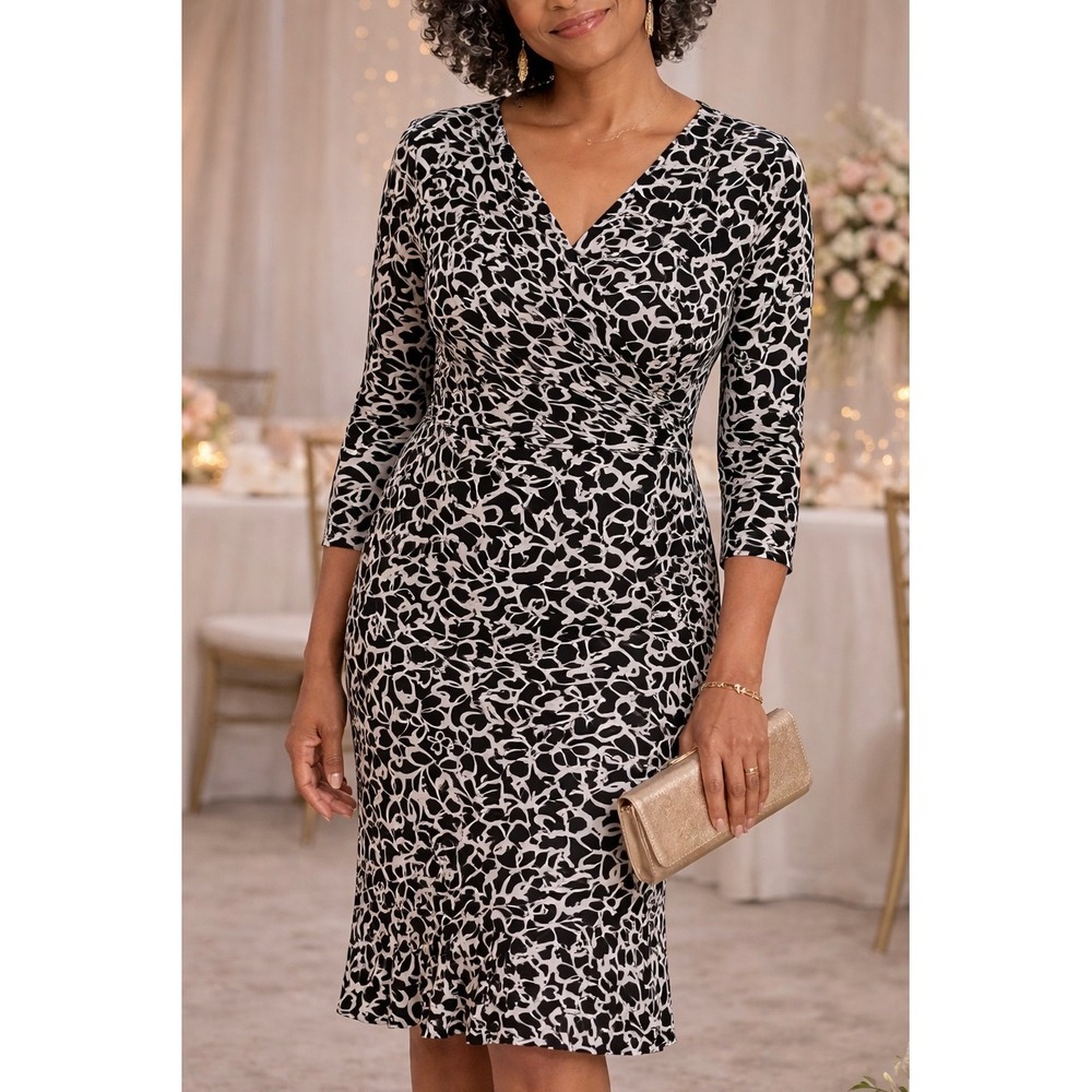London Times Womens Faux Wrap Dress‎ Black White Size 8 Floral Ruffle 3/4 Sleeve
